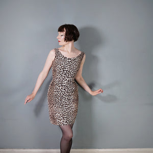 60s SAMBO FASHIONS LEOPARD ANIMAL PRINT CORDUROY WIGGLE DRESS - XS-S