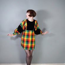 Load image into Gallery viewer, 70s LUIS CARING VIBRANT PLAID DRESS WITH VELVET EMPIRE BIB AND HUGE BALLOON SLEEVE - XS-S