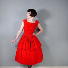 Load image into Gallery viewer, 50s GLAMOUROUS BOLD RED VELVET PARTY DRESS WITH TIERED SCALLOPED FULL SKIRT - M