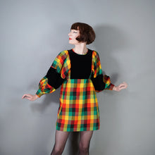 Load image into Gallery viewer, 70s LUIS CARING VIBRANT PLAID DRESS WITH VELVET EMPIRE BIB AND HUGE BALLOON SLEEVE - XS-S