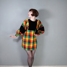 Load image into Gallery viewer, 70s LUIS CARING VIBRANT PLAID DRESS WITH VELVET EMPIRE BIB AND HUGE BALLOON SLEEVE - XS-S
