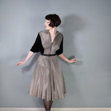 Load image into Gallery viewer, 40s &quot;LOUIS MUSMAN&quot; SILVER AND BLACK STRIPE ZIP FRONT DRESS WITH VELVET BATWING SLEEVE - S