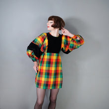 Load image into Gallery viewer, 70s LUIS CARING VIBRANT PLAID DRESS WITH VELVET EMPIRE BIB AND HUGE BALLOON SLEEVE - XS-S