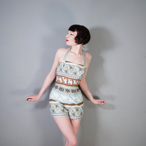 50s ROSE MARIE REID FLORAL AND BIRD PRINT COTTON ROMPER / PLAYSUIT - S-M