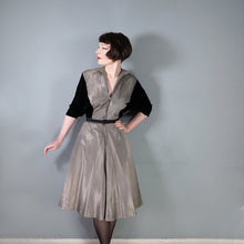 Load image into Gallery viewer, 40s &quot;LOUIS MUSMAN&quot; SILVER AND BLACK STRIPE ZIP FRONT DRESS WITH VELVET BATWING SLEEVE - S