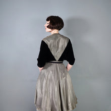 Load image into Gallery viewer, 40s &quot;LOUIS MUSMAN&quot; SILVER AND BLACK STRIPE ZIP FRONT DRESS WITH VELVET BATWING SLEEVE - S