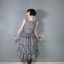 Load image into Gallery viewer, 50s LIGHTWEIGHT TIERED EMBROIDERED GREY GINGHAM DRESS WITH DEEP SCOOP BACK - XS-S