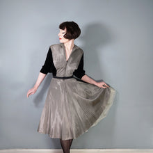 Load image into Gallery viewer, 40s &quot;LOUIS MUSMAN&quot; SILVER AND BLACK STRIPE ZIP FRONT DRESS WITH VELVET BATWING SLEEVE - S