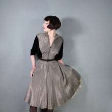 Load image into Gallery viewer, 40s &quot;LOUIS MUSMAN&quot; SILVER AND BLACK STRIPE ZIP FRONT DRESS WITH VELVET BATWING SLEEVE - S