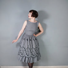 Load image into Gallery viewer, 50s LIGHTWEIGHT TIERED EMBROIDERED GREY GINGHAM DRESS WITH DEEP SCOOP BACK - XS-S