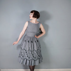 50s LIGHTWEIGHT TIERED EMBROIDERED GREY GINGHAM DRESS WITH DEEP SCOOP BACK - XS-S