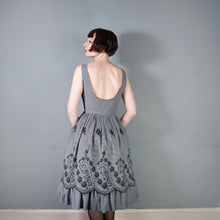 Load image into Gallery viewer, 50s LIGHTWEIGHT TIERED EMBROIDERED GREY GINGHAM DRESS WITH DEEP SCOOP BACK - XS-S