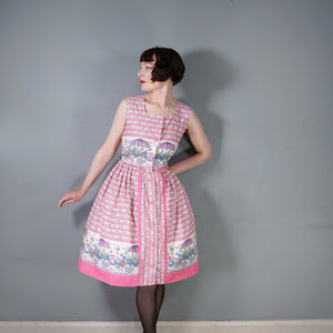 50s NOVELTY PRINT PINK FLOWER VENDORS FULL SKIRTED DRESS - S