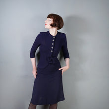 Load image into Gallery viewer, 40s NAVY BLUE RAYON TWO PIECE BOW BLOUSE AND SKIRT DRESS SET - XS-S