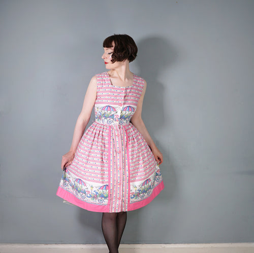 50s NOVELTY PRINT PINK FLOWER VENDORS FULL SKIRTED DRESS - S