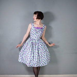 50s 60s SAMBO VANITY COTTONS PURPLE ROSE PRINT DRESS - XS