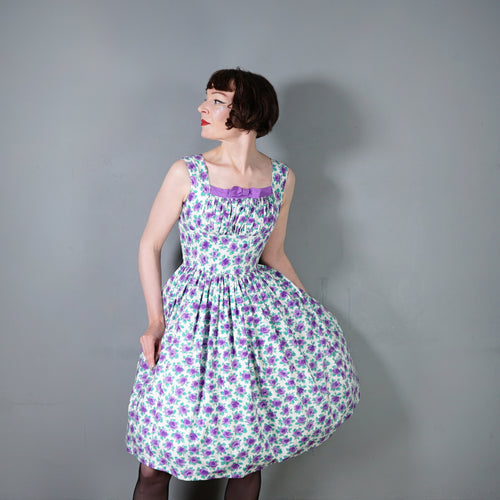 50s 60s SAMBO VANITY COTTONS PURPLE ROSE PRINT DRESS - XS