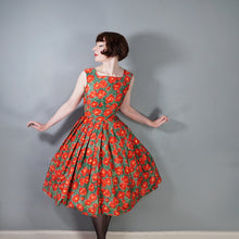 Load image into Gallery viewer, 50s RED AND GREEN BRIGHT FLORAL FULL SKIRTED DRESS WITH BOLERO - S