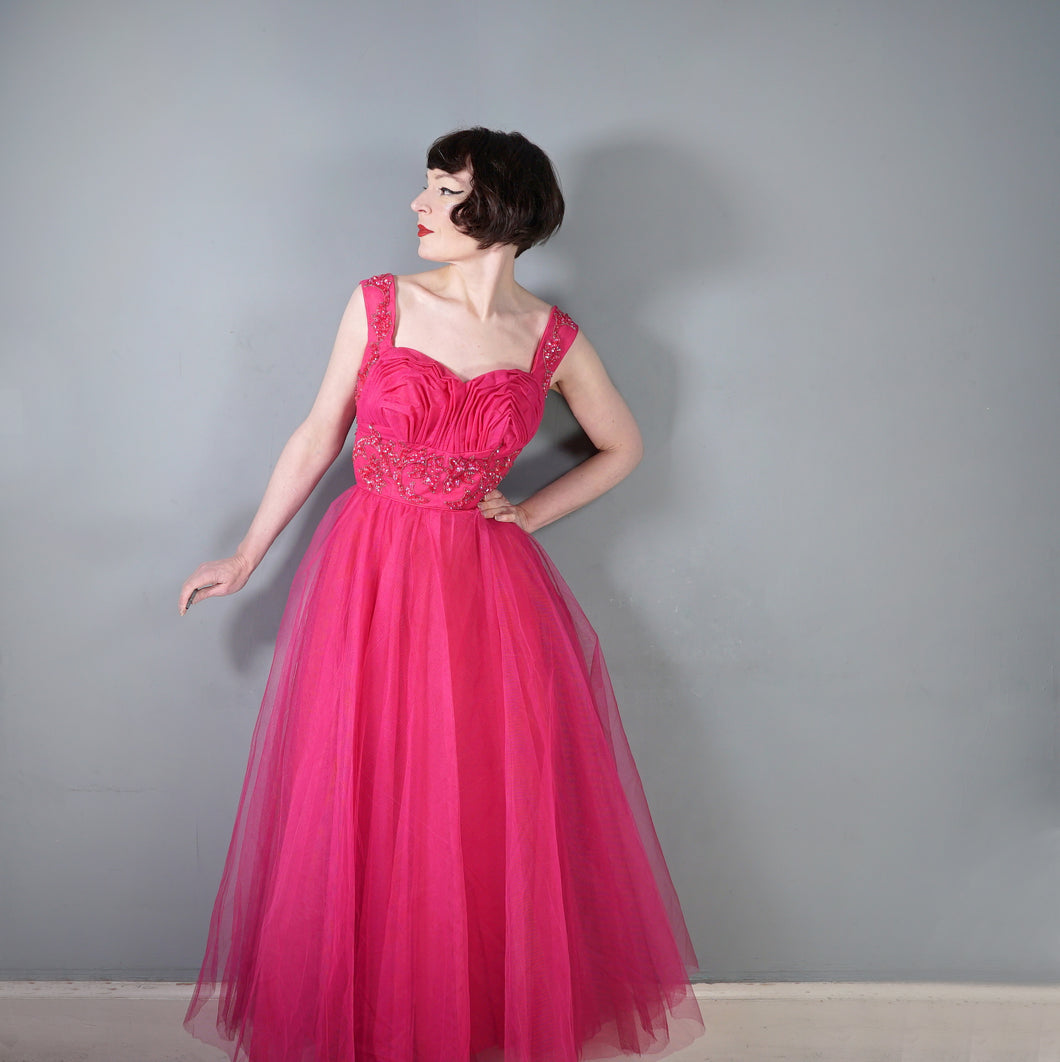 50s GLAMOUROUS SHOCKING PINK SEQUIN EMBELLISHED PROM PARTY DRESS - S