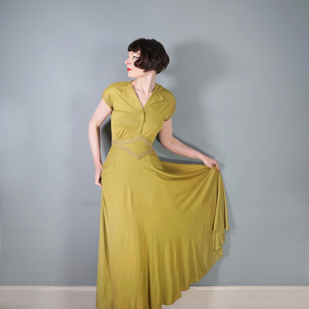 40s SLINKY LIGHT GREEN RAYON JERSEY MAXI DRESS WITH GOLD STUDS - XS-S