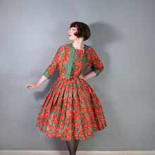 Load image into Gallery viewer, 50s RED AND GREEN BRIGHT FLORAL FULL SKIRTED DRESS WITH BOLERO - S