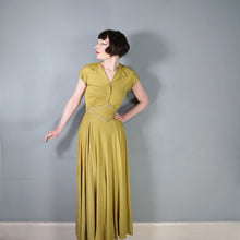 Load image into Gallery viewer, 40s SLINKY LIGHT GREEN RAYON JERSEY MAXI DRESS WITH GOLD STUDS - XS-S