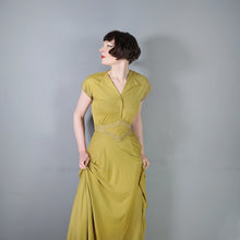 Load image into Gallery viewer, 40s SLINKY LIGHT GREEN RAYON JERSEY MAXI DRESS WITH GOLD STUDS - XS-S