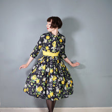 Load image into Gallery viewer, 50s BLACK YELLOW FLORAL ROSE PRINT DRESS AND BOLERO JACKET - S
