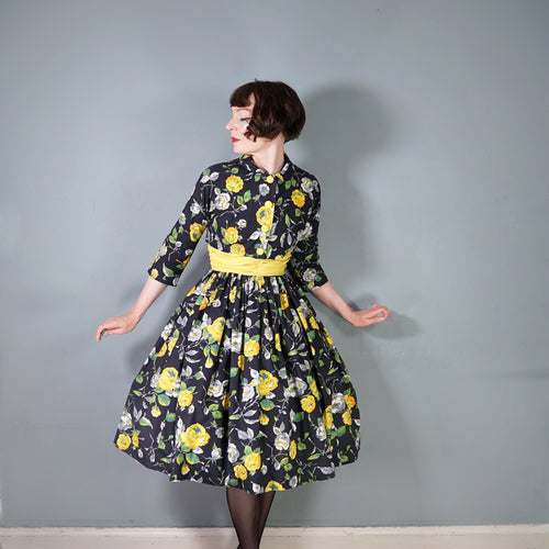 50s BLACK YELLOW FLORAL ROSE PRINT DRESS AND BOLERO JACKET - S