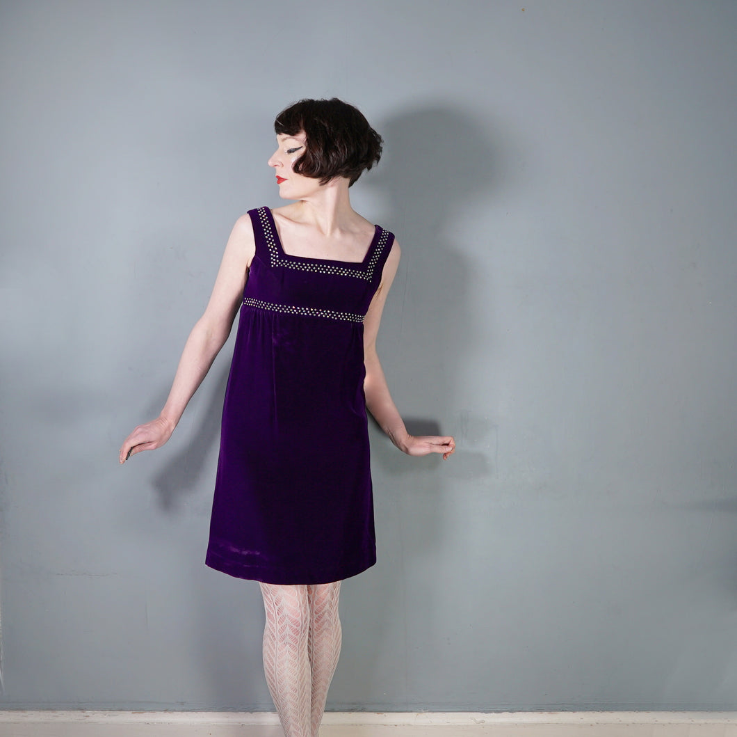 60s BLANES PURPLE VELVET EMPIRE MINI MOD DRESS WITH RHINESTONES - XS