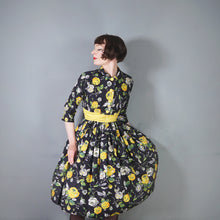 Load image into Gallery viewer, 50s BLACK YELLOW FLORAL ROSE PRINT DRESS AND BOLERO JACKET - S