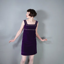 Load image into Gallery viewer, 60s BLANES PURPLE VELVET EMPIRE MINI MOD DRESS WITH RHINESTONES - XS