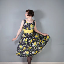 Load image into Gallery viewer, 50s BLACK YELLOW FLORAL ROSE PRINT DRESS AND BOLERO JACKET - S