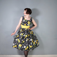 Load image into Gallery viewer, 50s BLACK YELLOW FLORAL ROSE PRINT DRESS AND BOLERO JACKET - S