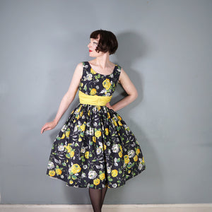 50s BLACK YELLOW FLORAL ROSE PRINT DRESS AND BOLERO JACKET - S