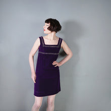 Load image into Gallery viewer, 60s BLANES PURPLE VELVET EMPIRE MINI MOD DRESS WITH RHINESTONES - XS
