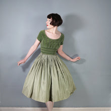 Load image into Gallery viewer, 50s LIGHT GREEN VELVET BODICE FULL SKIRTED DRESS BY TAILORED JUNIOR - XS-S