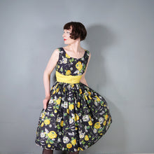 Load image into Gallery viewer, 50s BLACK YELLOW FLORAL ROSE PRINT DRESS AND BOLERO JACKET - S