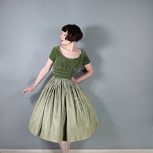 Load image into Gallery viewer, 50s LIGHT GREEN VELVET BODICE FULL SKIRTED DRESS BY TAILORED JUNIOR - XS-S