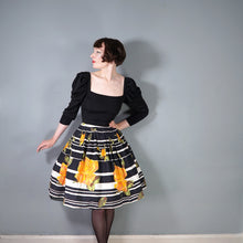 Load image into Gallery viewer, 60s BLACK STRIPE AND HUGE ORANGE ROSE PRINT FULL SKIRT - 26.5&quot;