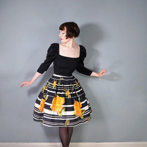 60s BLACK STRIPE AND HUGE ORANGE ROSE PRINT FULL SKIRT - 26.5