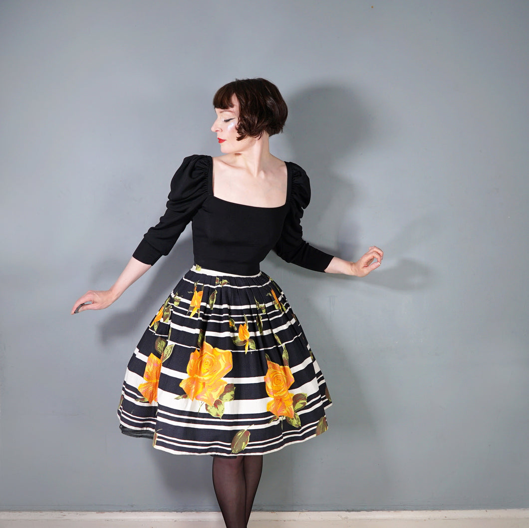 60s BLACK STRIPE AND HUGE ORANGE ROSE PRINT FULL SKIRT - 26.5