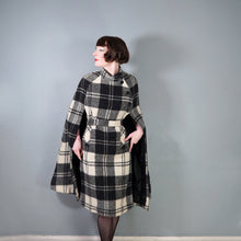 Load image into Gallery viewer, 70s JIMMY HOURIHAN "BORU" BLACK &amp; WHITE LONG WOOL PLAID CAPE COAT WITH BELT