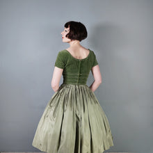 Load image into Gallery viewer, 50s LIGHT GREEN VELVET BODICE FULL SKIRTED DRESS BY TAILORED JUNIOR - XS-S