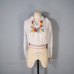60s SHEER WHITE HAND EMBROIDERED HUNGARIAN FOLK SMOCK BLOUSE - M