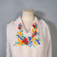 Load image into Gallery viewer, 60s SHEER WHITE HAND EMBROIDERED HUNGARIAN FOLK SMOCK BLOUSE - M