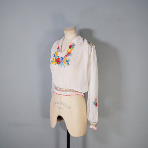 60s SHEER WHITE HAND EMBROIDERED HUNGARIAN FOLK SMOCK BLOUSE - M