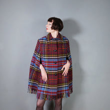 Load image into Gallery viewer, 70s BLUE RED FRINGE TASSLE CHECK PLAID BLANKET WOOL CAPE - S-M