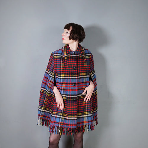 70s BLUE RED FRINGE TASSLE CHECK PLAID BLANKET WOOL CAPE - S-M