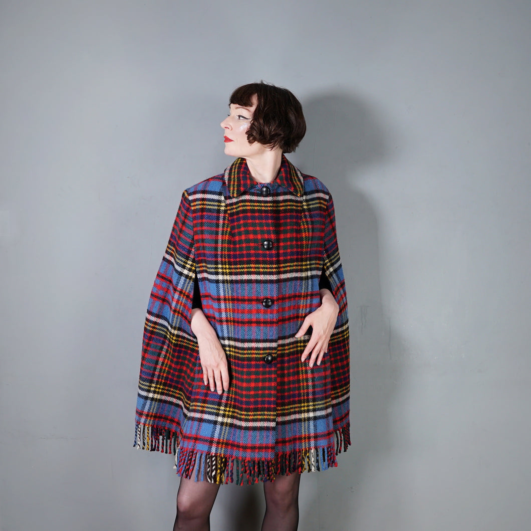 70s BLUE RED FRINGE TASSLE CHECK PLAID BLANKET WOOL CAPE - S-M